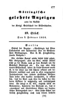 Göttingische gelehrte Anzeigen (Göttingische Zeitungen von gelehrten Sachen) Samstag 2. Februar 1856