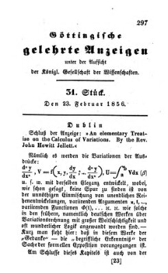 Göttingische gelehrte Anzeigen (Göttingische Zeitungen von gelehrten Sachen) Samstag 23. Februar 1856