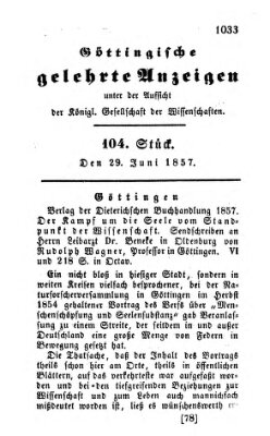 Göttingische gelehrte Anzeigen (Göttingische Zeitungen von gelehrten Sachen) Montag 29. Juni 1857