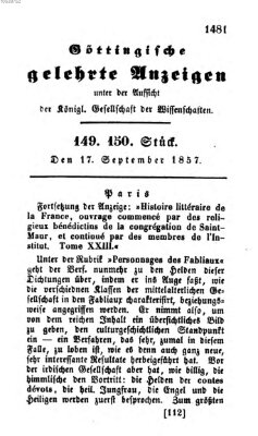 Göttingische gelehrte Anzeigen (Göttingische Zeitungen von gelehrten Sachen) Donnerstag 17. September 1857