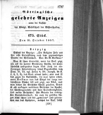 Göttingische gelehrte Anzeigen (Göttingische Zeitungen von gelehrten Sachen) Samstag 31. Oktober 1857