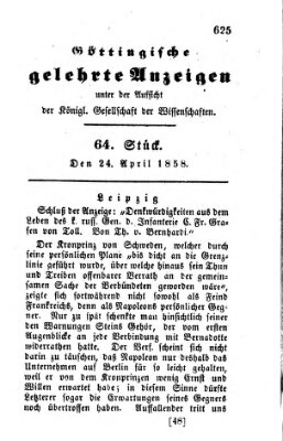 Göttingische gelehrte Anzeigen (Göttingische Zeitungen von gelehrten Sachen) Samstag 24. April 1858
