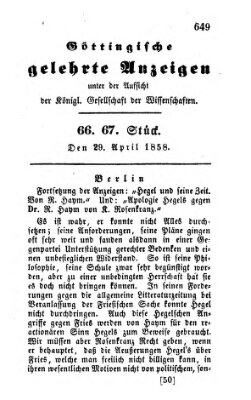 Göttingische gelehrte Anzeigen (Göttingische Zeitungen von gelehrten Sachen) Donnerstag 29. April 1858