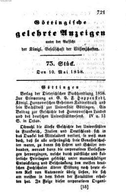 Göttingische gelehrte Anzeigen (Göttingische Zeitungen von gelehrten Sachen) Montag 10. Mai 1858