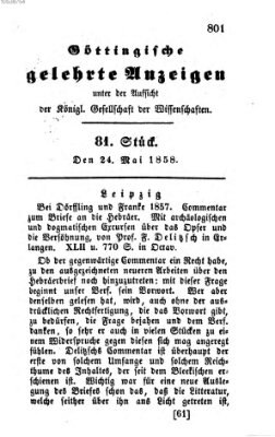 Göttingische gelehrte Anzeigen (Göttingische Zeitungen von gelehrten Sachen) Montag 24. Mai 1858