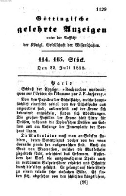 Göttingische gelehrte Anzeigen (Göttingische Zeitungen von gelehrten Sachen) Donnerstag 22. Juli 1858