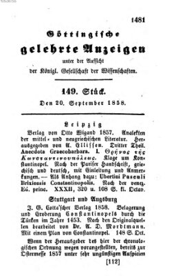 Göttingische gelehrte Anzeigen (Göttingische Zeitungen von gelehrten Sachen) Montag 20. September 1858