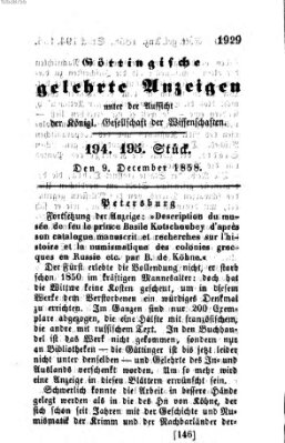 Göttingische gelehrte Anzeigen (Göttingische Zeitungen von gelehrten Sachen) Donnerstag 9. Dezember 1858
