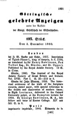 Göttingische gelehrte Anzeigen (Göttingische Zeitungen von gelehrten Sachen) Montag 3. Dezember 1860