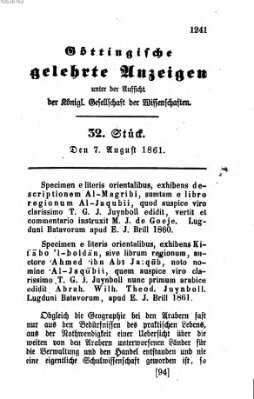 Göttingische gelehrte Anzeigen (Göttingische Zeitungen von gelehrten Sachen) Mittwoch 7. August 1861