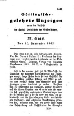 Göttingische gelehrte Anzeigen (Göttingische Zeitungen von gelehrten Sachen) Mittwoch 10. September 1862