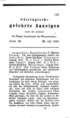 Göttingische gelehrte Anzeigen (Göttingische Zeitungen von gelehrten Sachen) Mittwoch 22. Juli 1868
