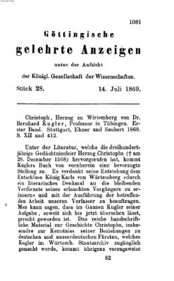 Göttingische gelehrte Anzeigen (Göttingische Zeitungen von gelehrten Sachen) Mittwoch 14. Juli 1869