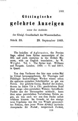 Göttingische gelehrte Anzeigen (Göttingische Zeitungen von gelehrten Sachen) Mittwoch 29. September 1869