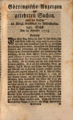 Göttingische Anzeigen von gelehrten Sachen (Göttingische Zeitungen von gelehrten Sachen) Montag 19. November 1753