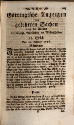 Göttingische Anzeigen von gelehrten Sachen (Göttingische Zeitungen von gelehrten Sachen) Montag 16. Februar 1756