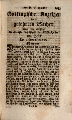 Göttingische Anzeigen von gelehrten Sachen (Göttingische Zeitungen von gelehrten Sachen) Samstag 3. September 1757