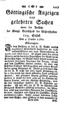 Göttingische Anzeigen von gelehrten Sachen (Göttingische Zeitungen von gelehrten Sachen) Samstag 4. Oktober 1760