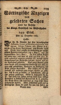 Göttingische Anzeigen von gelehrten Sachen (Göttingische Zeitungen von gelehrten Sachen) Samstag 14. Dezember 1765