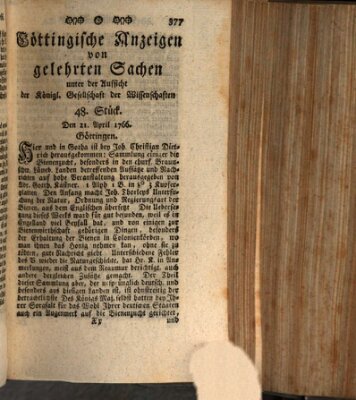 Göttingische Anzeigen von gelehrten Sachen (Göttingische Zeitungen von gelehrten Sachen) Montag 21. April 1766