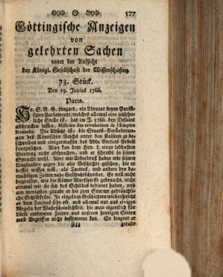 Göttingische Anzeigen von gelehrten Sachen (Göttingische Zeitungen von gelehrten Sachen) Donnerstag 19. Juni 1766