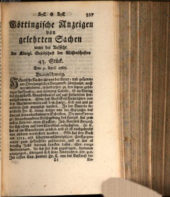Göttingische Anzeigen von gelehrten Sachen (Göttingische Zeitungen von gelehrten Sachen) Donnerstag 9. April 1767