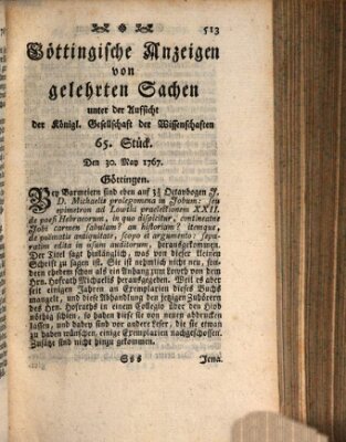 Göttingische Anzeigen von gelehrten Sachen (Göttingische Zeitungen von gelehrten Sachen) Samstag 30. Mai 1767