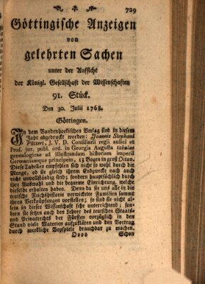 Göttingische Anzeigen von gelehrten Sachen (Göttingische Zeitungen von gelehrten Sachen) Samstag 30. Juli 1768