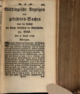 Göttingische Anzeigen von gelehrten Sachen (Göttingische Zeitungen von gelehrten Sachen) Montag 8. August 1768