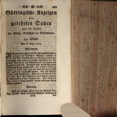 Göttingische Anzeigen von gelehrten Sachen (Göttingische Zeitungen von gelehrten Sachen) Samstag 6. Mai 1769