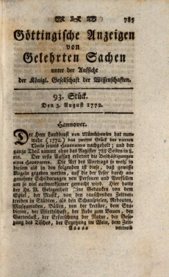 Göttingische Anzeigen von gelehrten Sachen (Göttingische Zeitungen von gelehrten Sachen) Montag 3. August 1772