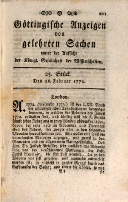 Göttingische Anzeigen von gelehrten Sachen (Göttingische Zeitungen von gelehrten Sachen) Samstag 26. Februar 1774
