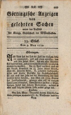 Göttingische Anzeigen von gelehrten Sachen (Göttingische Zeitungen von gelehrten Sachen) Dienstag 3. Mai 1774