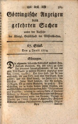 Göttingische Anzeigen von gelehrten Sachen (Göttingische Zeitungen von gelehrten Sachen) Samstag 4. Juni 1774