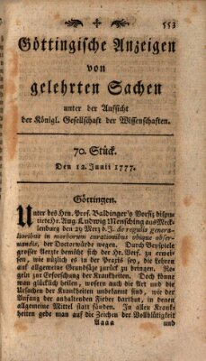 Göttingische Anzeigen von gelehrten Sachen (Göttingische Zeitungen von gelehrten Sachen) Donnerstag 12. Juni 1777