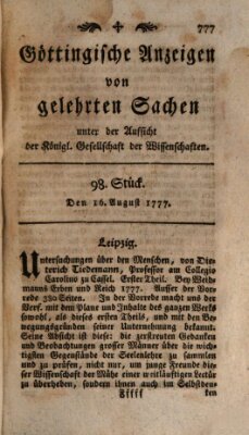 Göttingische Anzeigen von gelehrten Sachen (Göttingische Zeitungen von gelehrten Sachen) Samstag 16. August 1777
