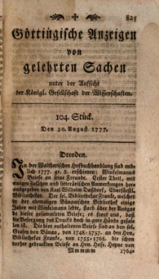 Göttingische Anzeigen von gelehrten Sachen (Göttingische Zeitungen von gelehrten Sachen) Samstag 30. August 1777