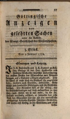Göttingische Anzeigen von gelehrten Sachen (Göttingische Zeitungen von gelehrten Sachen) Montag 5. Januar 1778