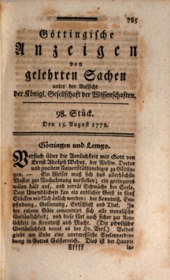 Göttingische Anzeigen von gelehrten Sachen (Göttingische Zeitungen von gelehrten Sachen) Samstag 15. August 1778