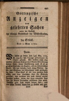 Göttingische Anzeigen von gelehrten Sachen (Göttingische Zeitungen von gelehrten Sachen) Montag 1. Mai 1780