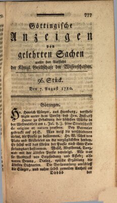 Göttingische Anzeigen von gelehrten Sachen (Göttingische Zeitungen von gelehrten Sachen) Montag 7. August 1780