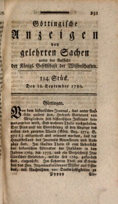 Göttingische Anzeigen von gelehrten Sachen (Göttingische Zeitungen von gelehrten Sachen) Samstag 16. September 1780