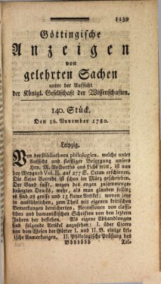 Göttingische Anzeigen von gelehrten Sachen (Göttingische Zeitungen von gelehrten Sachen) Donnerstag 16. November 1780