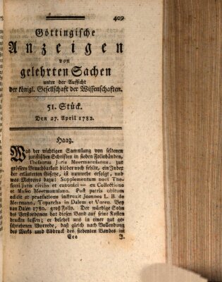 Göttingische Anzeigen von gelehrten Sachen (Göttingische Zeitungen von gelehrten Sachen) Samstag 27. April 1782