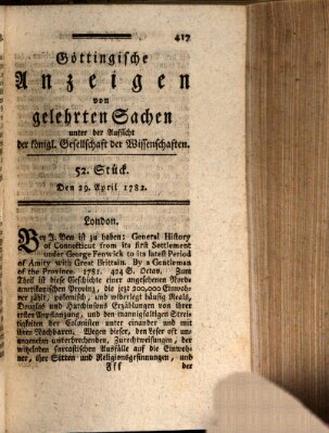 Göttingische Anzeigen von gelehrten Sachen (Göttingische Zeitungen von gelehrten Sachen) Montag 29. April 1782