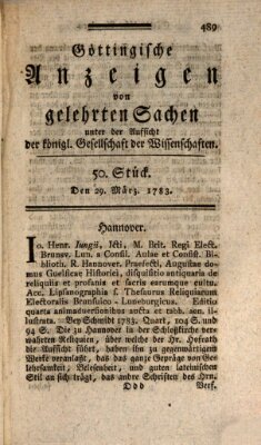Göttingische Anzeigen von gelehrten Sachen (Göttingische Zeitungen von gelehrten Sachen) Samstag 29. März 1783