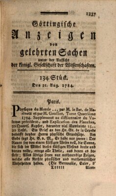 Göttingische Anzeigen von gelehrten Sachen (Göttingische Zeitungen von gelehrten Sachen) Samstag 21. August 1784
