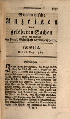 Göttingische Anzeigen von gelehrten Sachen (Göttingische Zeitungen von gelehrten Sachen) Samstag 28. August 1784