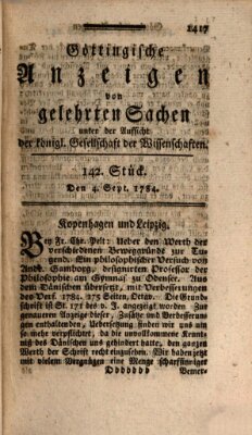 Göttingische Anzeigen von gelehrten Sachen (Göttingische Zeitungen von gelehrten Sachen) Samstag 4. September 1784