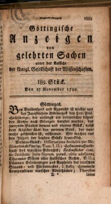Göttingische Anzeigen von gelehrten Sachen (Göttingische Zeitungen von gelehrten Sachen) Samstag 27. November 1790
